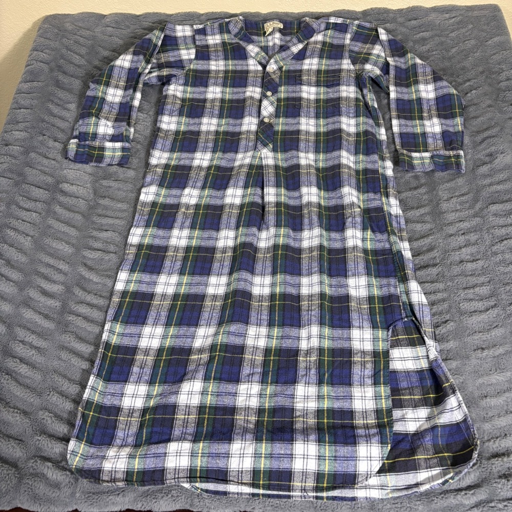 LL Bean Vintage USA Plaid Cotton Flannel Henley Nightgown Blue Green Large 4197